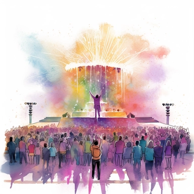 holographic fountain at a concert, surrounded by enthusiastic fans. The watercolor clipart style adds a touch of whimsy to the lively atmosphere of the concert. The lighting is bright and cheerful, perfectly capturing the essence of a nice day. The colors used are vibrant, with the holographic effect enhancing the visual appeal of the fountain. The composition of the scene is set to capture the best view of the fountain, with attention paid to the placement of each element for maximum impact. Ov