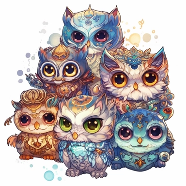 Kawaii owl, wallpaper owl, gods art, aion, jewelry, A team of 6 supportive, curious, nerdy computer cats and robots, clipart by Sarah Anderson, pure white background