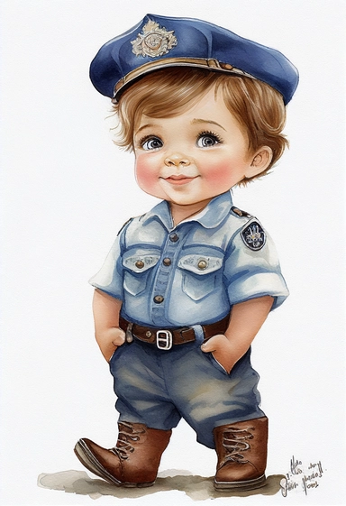 Little police boy, 1 year old, brown hair, watercolor, happy boy, blue uniform, Full Body,Clipart,white background