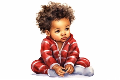 6 Watercolor happy cute beautiful brown skin african American baby girl praying wearing baby christmas pajamas, detailed clipart, isolated, white background, spaced out--q 2
