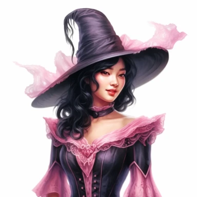 beautiful asian victorian witch with black hair wearing a pointed witch hat, looking left, victorian hairstyle, victorian witch hat, Victorian era clothing, beatiful smile, realistic inverted portrait white background, high quality, hyper-realistic, witch Clipart,pink dress