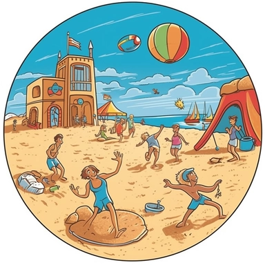 games like beach volleyball, tug-of-war, sandcastle building competition, and frisbee throwing ,beach, clipart 5:16