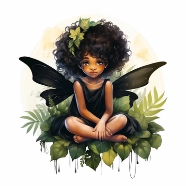 magical black little girl, fairy wings, clipart, disney style, watercolor, white background , sitting on a oval greenery