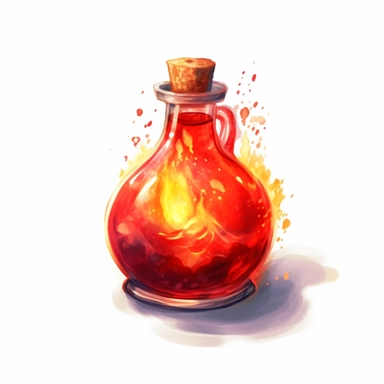 Create a mesmerizing piece of clipart featuring a red fire potion, with a plain and high contrasted background, using a watercolor technique to give it a more realistic appearance. Let the potion glow with fiery hues and the clear glass container reflect the light, immersing the viewer in its captivating charm.