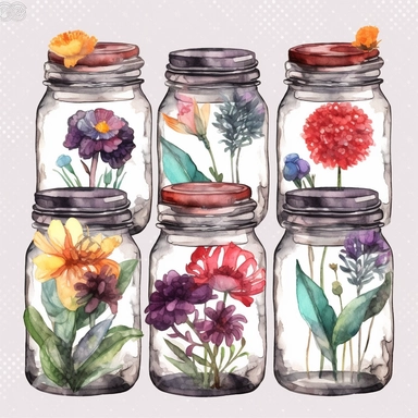 watercolor 1 dozen jars, decorated with flowers, plants, leaves, inserted into glass jars vividly bold designs png Full body realistic cartoon in 32K UHD cute. 15 cm thick outline. Black color. There was no shadow on the ground. 8k with realistic watercolors. and detailed illustrations. PNG clipart, transparent white background