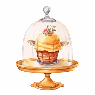whimsical watercolour clip art honey cupcake under a glass dome with bee decorations