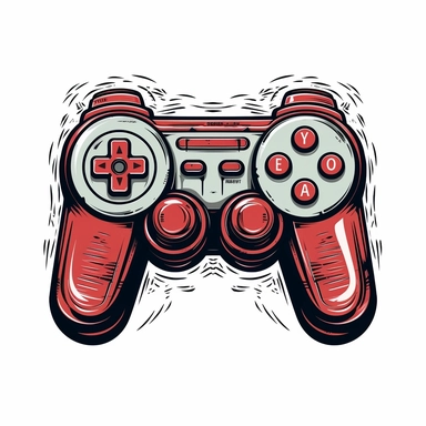 emblem of a retro video game controller and console, white background, clipart, for shirt design, muted colors, black and red art