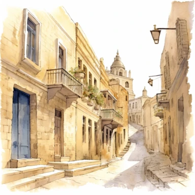 watercolor mardin town in turkiye, illustrations clipart set, simple, , cartoon elements ,different variants , historic stone houses,historic buildings, cobblestone lanes, tone facades of the buildings, Mardin's stone Alleyways separate elements with a margin