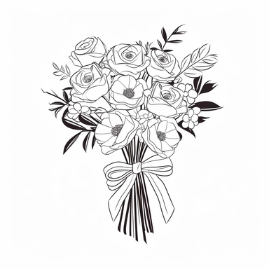 vector illustration, hand drawn, elegant floral bouquet with ribbon tied around, silhouette, outline svg, clipart, roses wedding bouquet, all white background