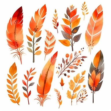 Create a vibrant boho-chic watercolor clipart set featuring hand-painted floral and feather designs. The medium should be traditional watercolor techniques, with soft and blended brushstrokes reminiscent of the works of renowned watercolor artist Georgia O'Keeffe. Use warm and earthy tones, such as rich oranges, deep reds, and golden yellows, to evoke a sense of warmth and nature. Arrange the floral and feather elements in a whimsical and organic composition, capturing the free-spirited essence 