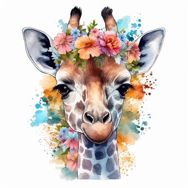 Nursery Print baby head giraffe flowers drawn in watercolor style, vector design, , Sublimation Clipart ,Cartoon,hyper realistic, intricate detail, illustration style,high solution,on the white background