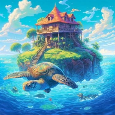 /v5_upscale, bright day, Jin the Turtle, island in the blue sea house with pam clipart, high detail, spaced outultra scale, detailed, super bright, charming, stunning, super detailed, wonder, amazing, mercury clouds illumination, light background, vitamins, with holographic,