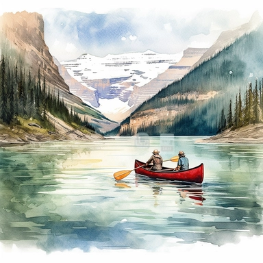 Watercolor clipart of lake louise with red canoe and people, dynamic color, clean and highly detailed, soft color, sharp focused, watercolor art on white background