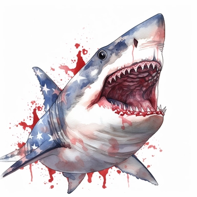 closeups shot, low angle, watercolor style, Great white shark, patriotic pattern, Stars and Stripes, red, white, blue, hyper-realistic animal illustrations, 2d game art, quadratura, clipart, on white background,