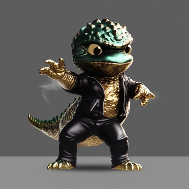 baby Godzilla, looks like Michael Jackson, doing dance steps, wearing a miami heat basketball jersey, wearing a gold pendant with a gold bitcoin on it, wearing hip hop style black satin pants and a green iridescent silk shirt, techno lighting, clipart on plain background