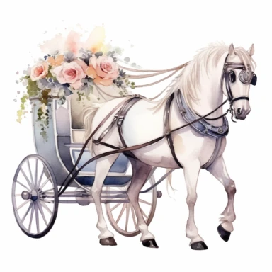 wedding carriage, horse, white colors, decorated, watercolor clipart, bright colors, minimalist, isolated white background, 8k