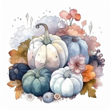 adorable watercolor winter illustration clipart, lotuses and different varieties of pumpkins under the snow, winter, dark colours, highly detailed, markers copic style, white background