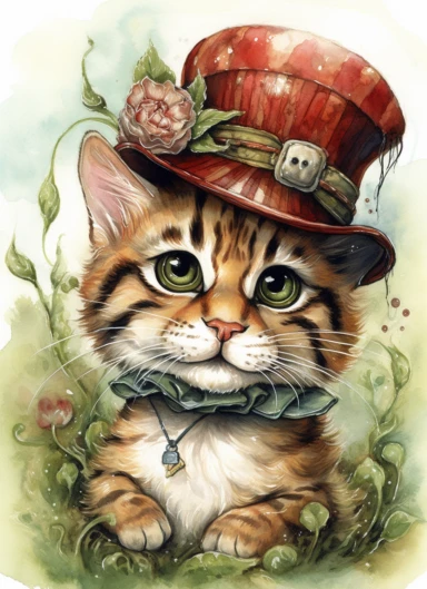 clipart,a cute little tiger in a field with bonnet on its head wearing necklace ,in the style of jody bergsma, 32k uhd, hand-painted details, charming character illustrations, dark brown and light beige,red/green, aquarellist, hd , white background clipart