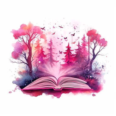 pink watercolour image of magical forest coming out of a book clipart, vector image