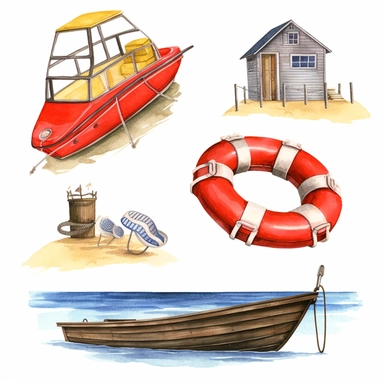 Watercolor beach lifesaver and lifeguard, illustrations clipart set, simple, , cartoon elements ,different variants , separate elements with a margin, wooden and plastic elements elemets, helicopter, lifesaver boat, jetski ,4k, high resolution