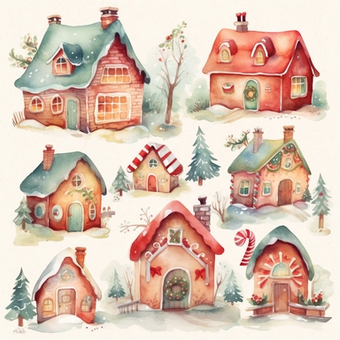 Generate a series of watercolor clipart images inspired by the magic of Christmas. Include elements such as gingerbread houses, reindeer, snowmen, and Christmas trees. The images should have a soft, dreamy quality with clear lines and delicate, watercolor hues. The clipart should be perfect for use in scrapbooking, card-making, and other festive projects.