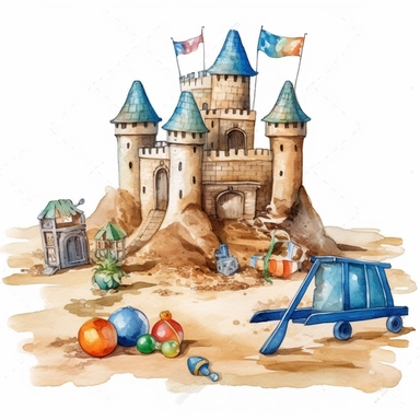 Highly Detailed image of watercolor style clip art style staged sand castles with beach toys and additional accessories on a white background