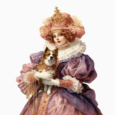 watercolor clipart ,Victorian masquerade Image of one woman dressed in elaborate masks and costumes attending a Victorian-style masquerade ball, holding a dog, single design, james christensen style,single object, print on demand image, PNG transparent background, white background for removing background - - no text shadow font watermark, 8k