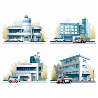 clipart style images of various police station, fire station, and hospitals. isolate on a white background