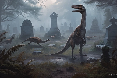 realistic clipart velociraptors in foggy enchanted cemetery graveyard, digital painting