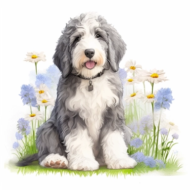 bernedoodle with all light gray coat and blue eyes, white background, HD, clipart, spring, happy, garden