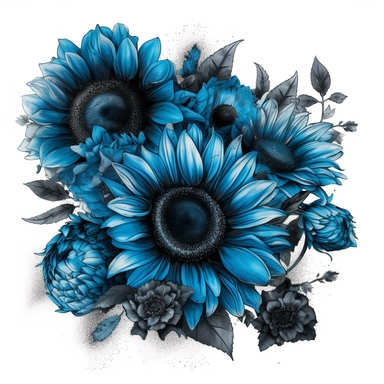 Behold a magnificent bouquet of blue sunflowers, their majestic petals dancing gracefully with hints of cerulean and azure hues. The contrast of their vibrant blue against the inky black centers captivates the eye and evokes a sense of wonder. With a whiteground in clipart