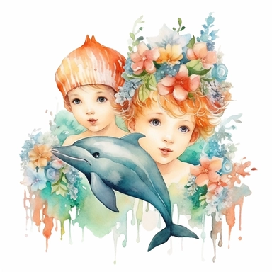 watercolor two sweet boys swimming with shells and dolphins in the sea, flowers clipart on white blackground