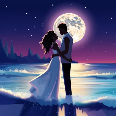 Caucasian bride and African groom, sharing a romantic moment on a moonlit beach, the sound of waves adding to their serenity, vibrant colors, Pixar style, Clipart on a white background.
