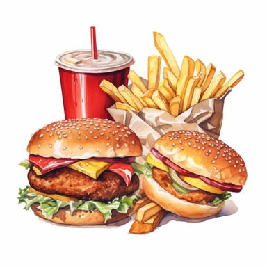 watercolor-style clipart featuring different fast food items, specifically a burger with fries, hotdog, fries, and cola