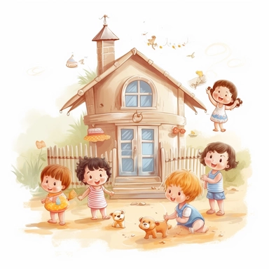cute babies playing at the summer house, family in background, summer time, no watermark, white background, clipart