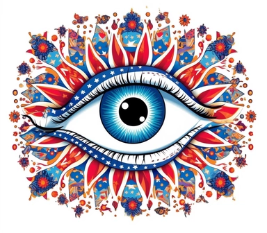 Create a bold and eye-catching clip art that showcases Freedom in patriotic colors, emphasizing the spirit of independence and liberty, white background, in the style of psychedelic