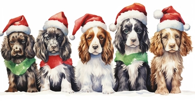 Cute springer spaniel puppies in a line, dressed in cute christmas outfits, playful, vivid colors, white background, ornamental watercolor clipart, I can't believe how beautiful this is