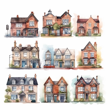 watercolor semi detached london houses , illustrations clipart set, simple, , cartoon elements ,different variants , separate elements with a margin