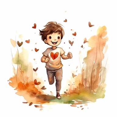 Love in you, boy, running in nature, full body, happy face, brown hair, beautiful thoughts, clear white background, self love, self confidence, watercolor, simply drawn for children book, handrawn watercolor graphic clipart, 16k