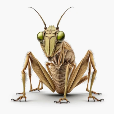 A acorn weevil praying mantis hybridevil creature, realistic, bold line, clipart, sticker, white background, no shadow, 8k detail