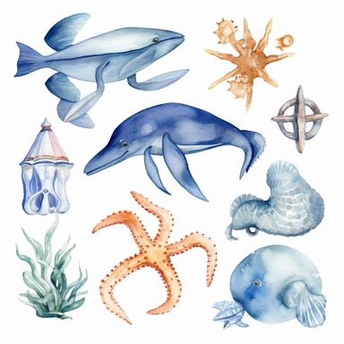 hand painted watercolor beach animals clip art set, crab, dolphin, starfish