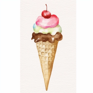ice cream in watercolors, 3 scoops, vanilla, chocolate, strawberry, clipart, summer, animated shape, emoji illustration