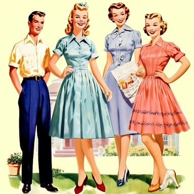 Vintage Illustration, A family of four, one man, one woman, and two children about 15 years old, cheesy 50s vintage clipart image by cynthia flanders, in the style of traditional costumes, photomontage, Full body view, whitcomb-girls, light indigo, gigantic scale, romanticized femininity, contrasting 8k