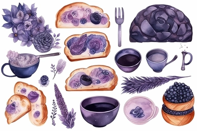 watercolor bake items, bread, coffee, pastry with lavender flowers, in the style of purple and navy, intricate illustrations, chuah thean teng, primitivist elements, dotted, subdued palettes, Clipart Collection, objects isolated on white background