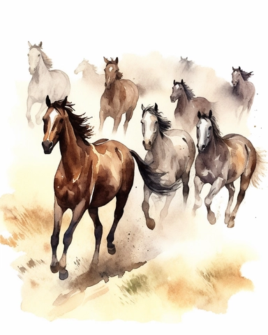 Watercolor painting style, Wild horses galloping in the steppe clipart, vintage, wyite background