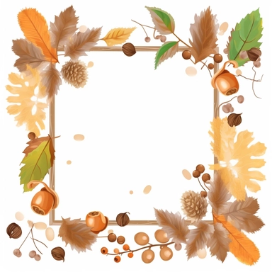 Create Separate Single Clip Art, Simplistic, Thick Natural Branches with Fall Leafs and Acorns AS a full Picture frame, Isolated and separated on WHITE Background, 2D, vector flat, clip art, No Gradients