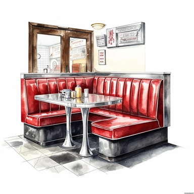 Clipart of detailed two red diner booth bench and one table, surrounded by white background, wide shot, very detailed, watercolor illustration, white background, cinematic, high quality, 32 k,