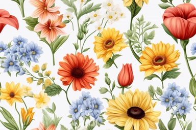 3D flora, flowers, Watercolor, vector, white background, clipart, Seamless patterns, repeating patterns design, flat illustration, outlined , Vector, 4K, Art station, digital print, highly detailed clean