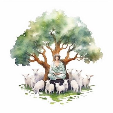 Buddha meditating below a tree surrounded by sheeps, watercolor style, clipart solid white background