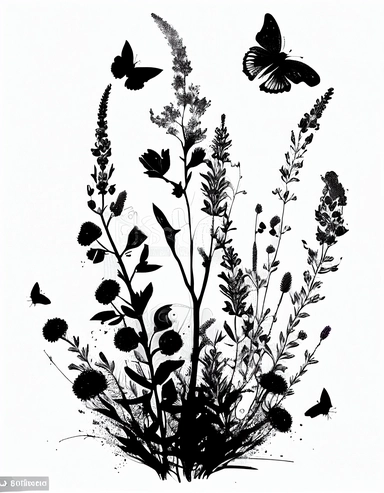 botanical black and white illustration, Silhouette art, clipart, A lot of lavender ,A very artistic composition,Complex composition, Everyone likes it @503150@